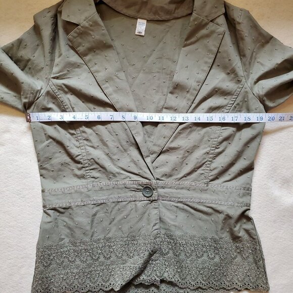 Vtg Old Navy Women's Olive Green Jacket Size L Swiss Dot Lace Trim Sleeves - Picture 3 of 6